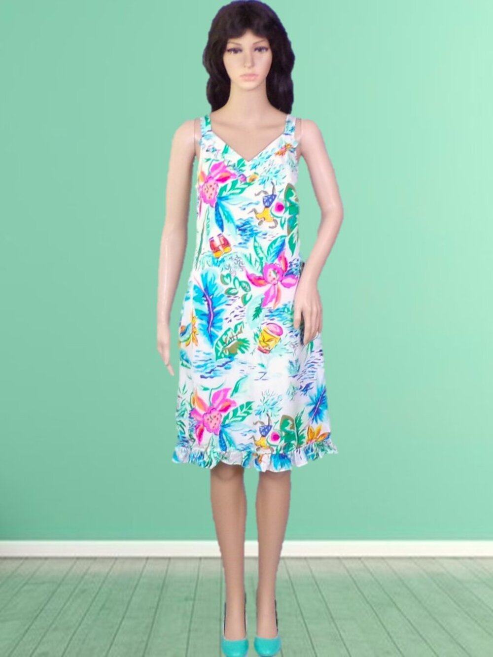 SILK! FINITY size 4 multicolor sleeveless tropical-print dress 100% silk outer